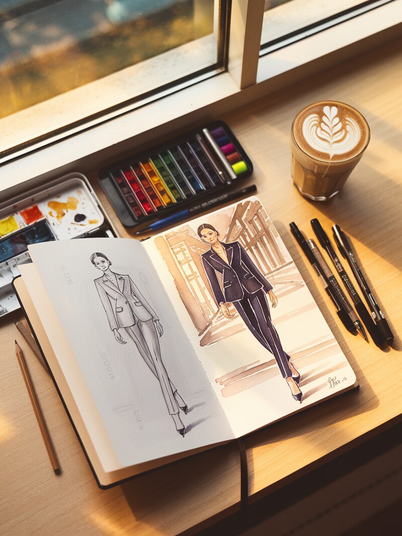 Fashion illustration workspace with sketchbook and drawing tools