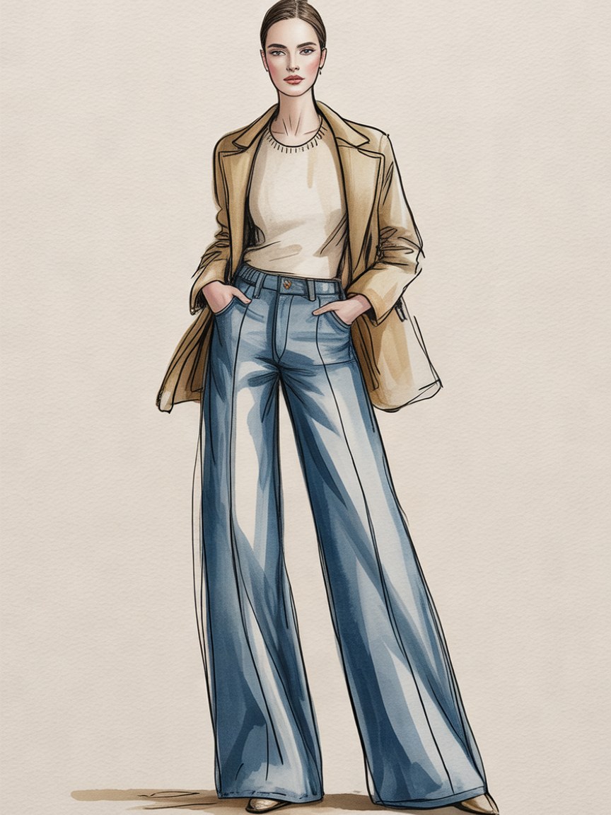 Fashion illustration of a model in wide-leg indigo jeans and a camel coat, drawn in ink and watercolor