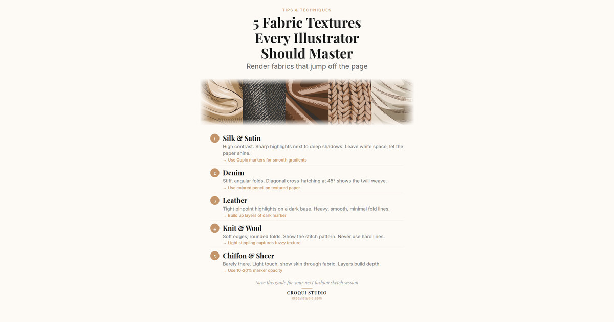 Fashion illustration showing fabric texture rendering techniques