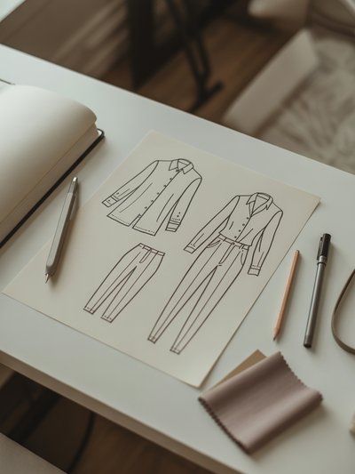 Technical fashion flat sketches of a shirt and trousers on a designer's desk
